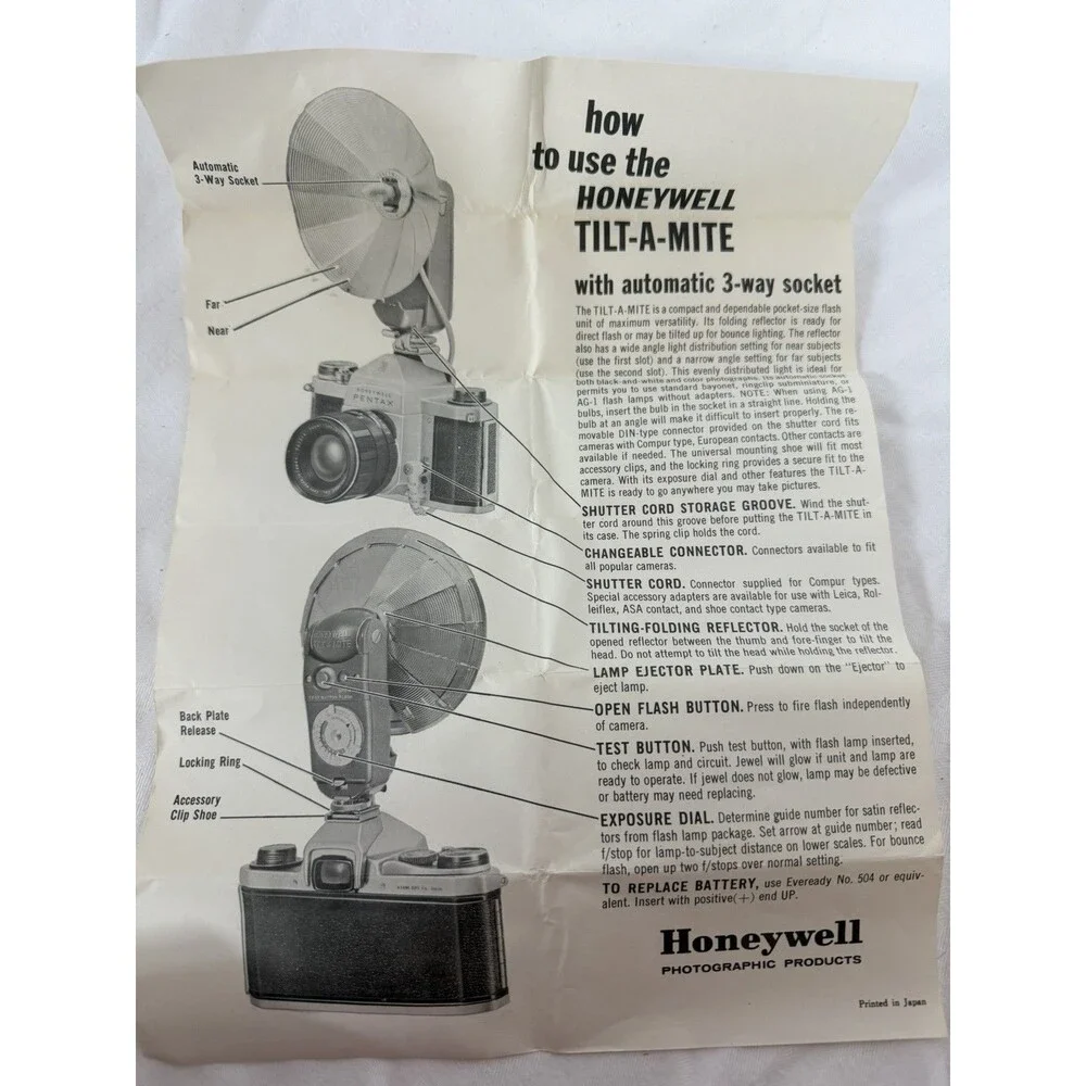 Vintage HONEYWELL TILT-A-MITE Camera Flash Unit Collapsible Fan Style W/CASE Box